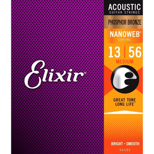 Elixir Strings 16102 Nanoweb Phosphor Bronze Acoustic Guitar Strings - .013-.056 Medium