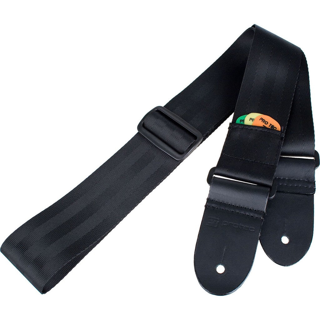 Protec Guitar Strap With Pick Pocket & Leather Ends - Seatbelt Nylon (Black)